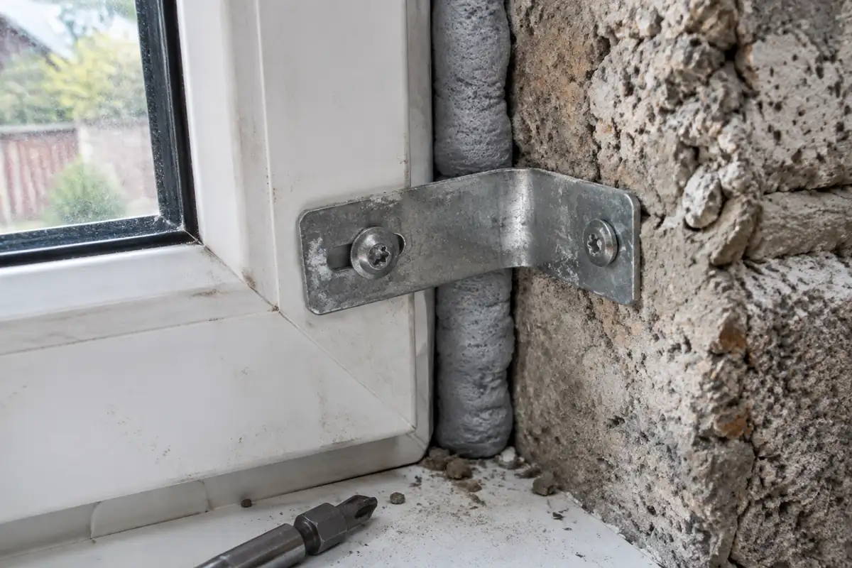 Équerre métallique vissée entre le dormant d'une fenêtre et la maçonnerie, joint mousse visible