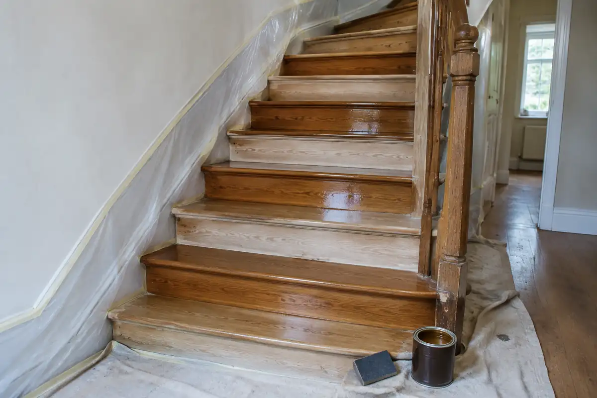 Escalier en cours de rénovation, une marche sur deux fraîchement vitrifiée