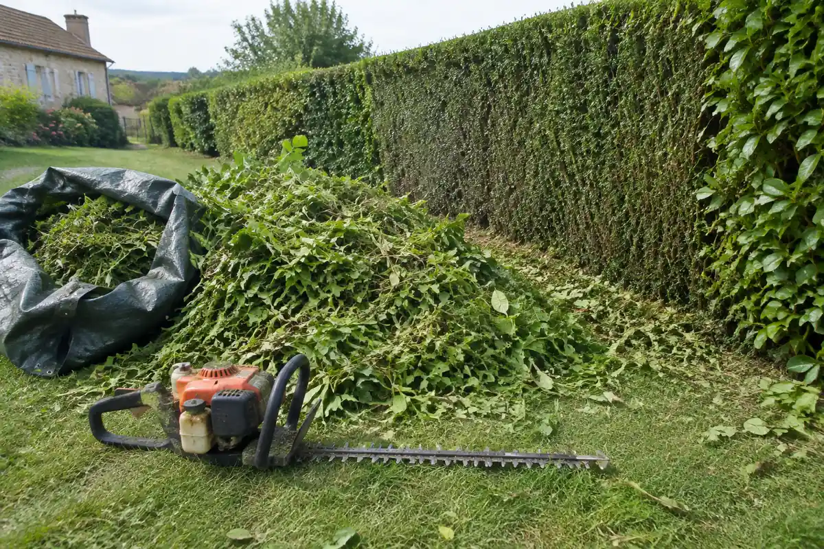 Taille-haie posé dans l'herbe à côté d'un tas de déchets de coupe