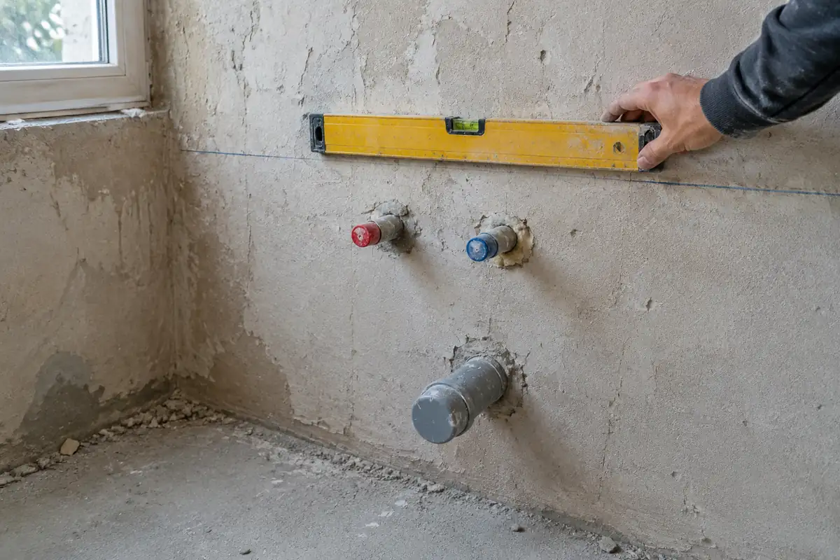 Arrivées d'eau et évacuation en attente sur un mur brut, avec un niveau posé sur le trait de hauteur