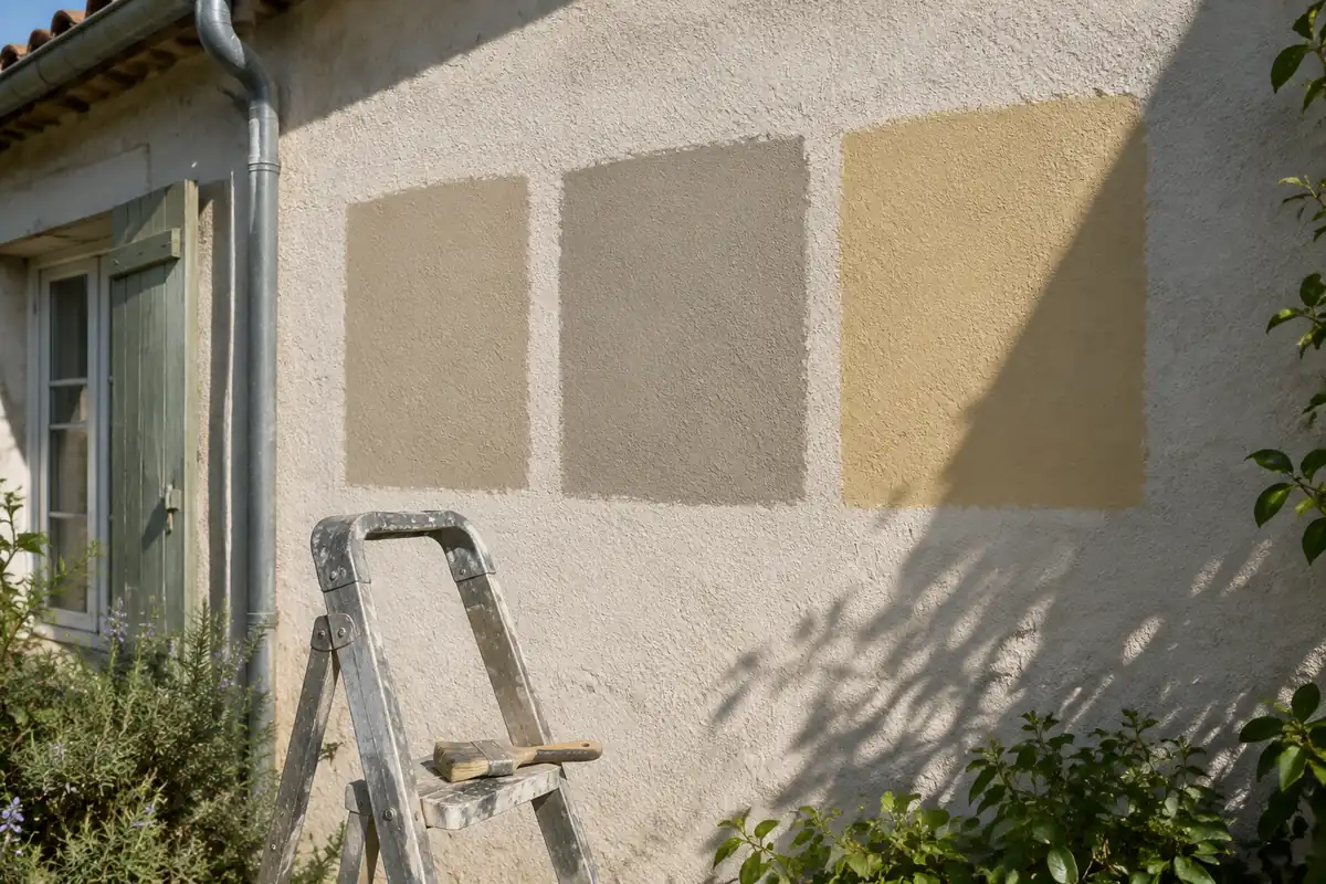 Trois grands échantillons de peinture sur un mur enduit au soleil