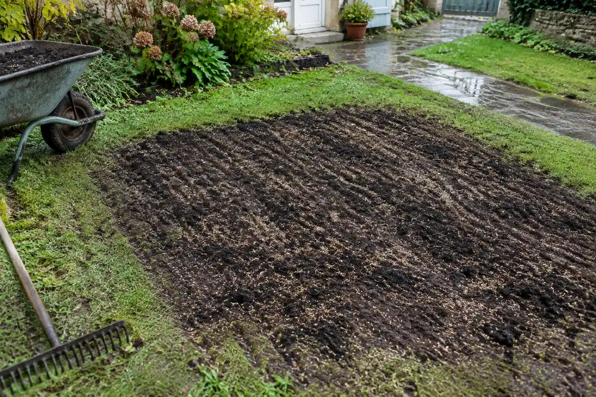 Zone de pelouse griffée après scarification, regarnie de semences et d'une fine couche de terreau